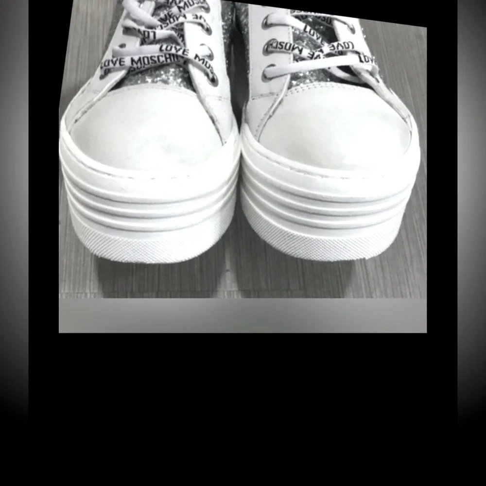 Love Moschino Leather platform sneakers Silver Glitter on White  EU 38 = US 7.5